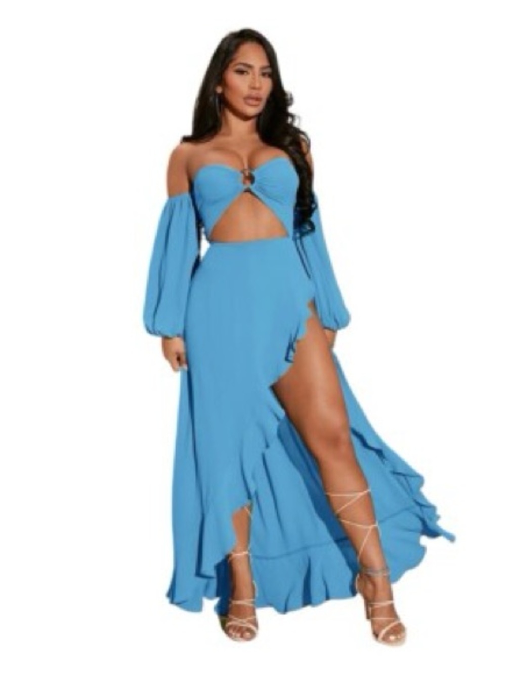 Blue Off-Shoulder Cutout Maxi Dress